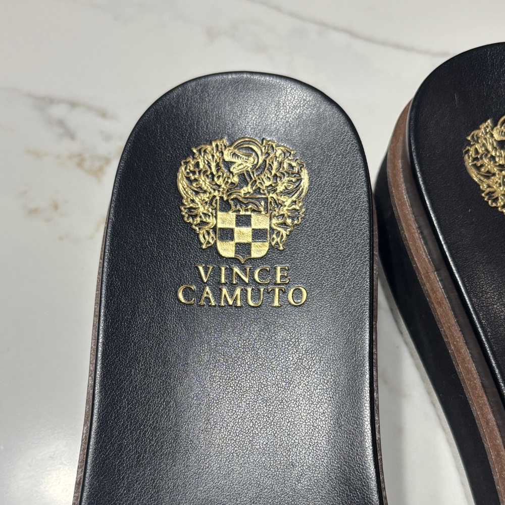 Vince Camuto Black Slide Sandals with Gold Logo - Picture 2 of 8